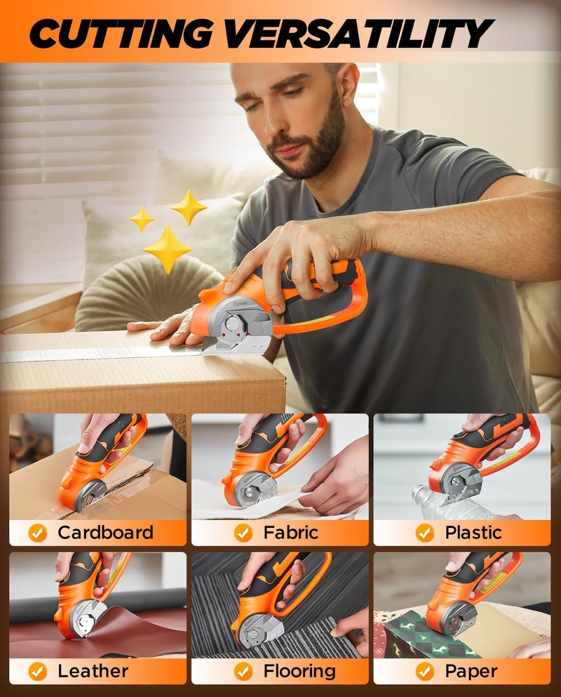 Saker Box Cutter Electric Cordless: Card board Cutter Scissors for Fabric Leather Paper Plastic - Cardboard Cutting Tool with 4V Recharged Battery - Safety Lock and LED Light for Cutting,Orange - Image 2
